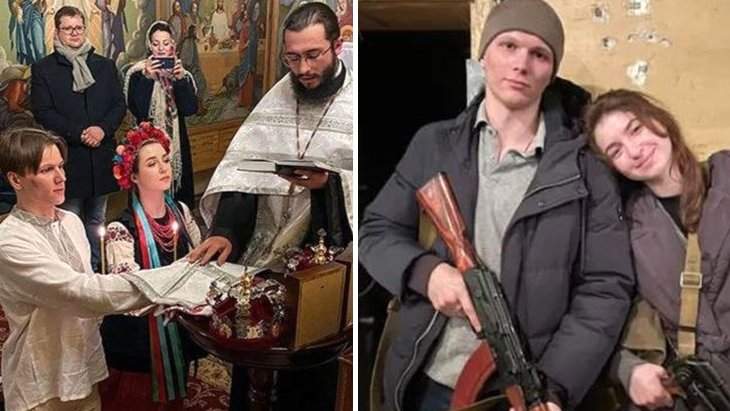 Ukraynalı Yaryna Arieva ve Sviatoslav kiliseden sonra silahlarını kuşandı, cepheye koştu